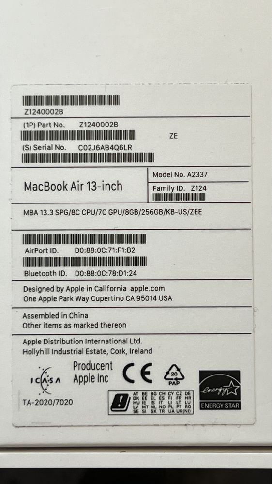 Macbook Air M1 256GB/8GB/8c CPU/7c GPU/100% bateria/idealny stan