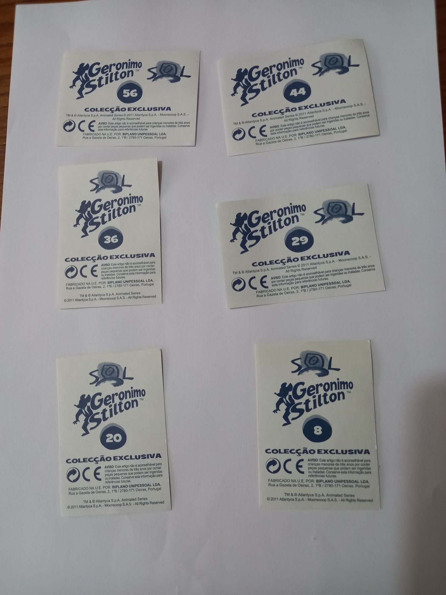 Geronimo Stilton seis cromos autocolantes 8, 20, 29, 36, 44 e 56