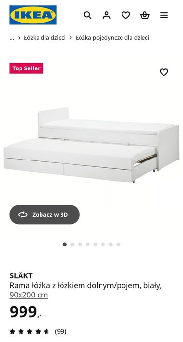 Ikea Slakt łóżko podwójne z 2 pojemnikami białe 90 x 200