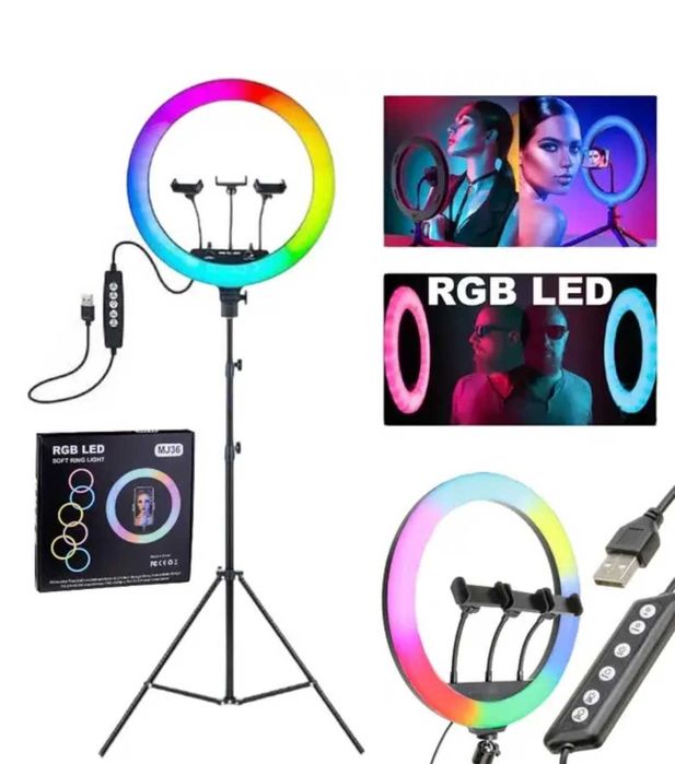Кільцева кольорова селфі лампа зі штативом MJ-36 RGB для блогерів