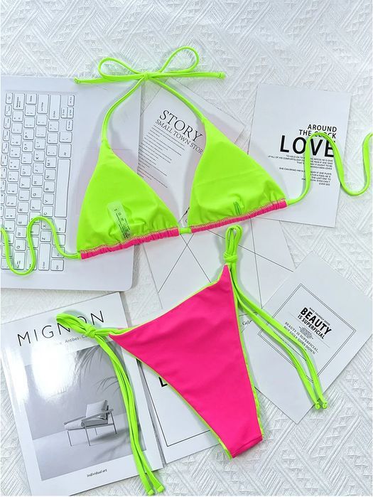 Strój Kąpielowy BIKINI Stringi SEXY Dwuczęściowy Neon Wiązane - L