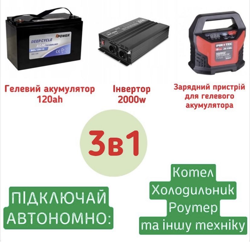 Інвертор чистий синус 2000w + зарядний + AGM акумулятор 120Ah