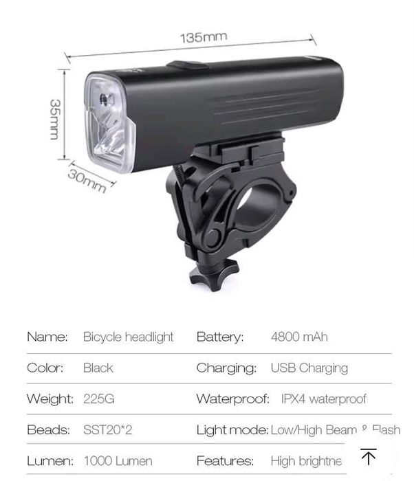 Przednia lampka rowerowa GIYO, 1000 lumenów, 4800 mAh