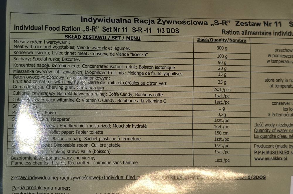 Indywidualna racja żywnościowa SR 11 - 6 szt., MRE, SR MON