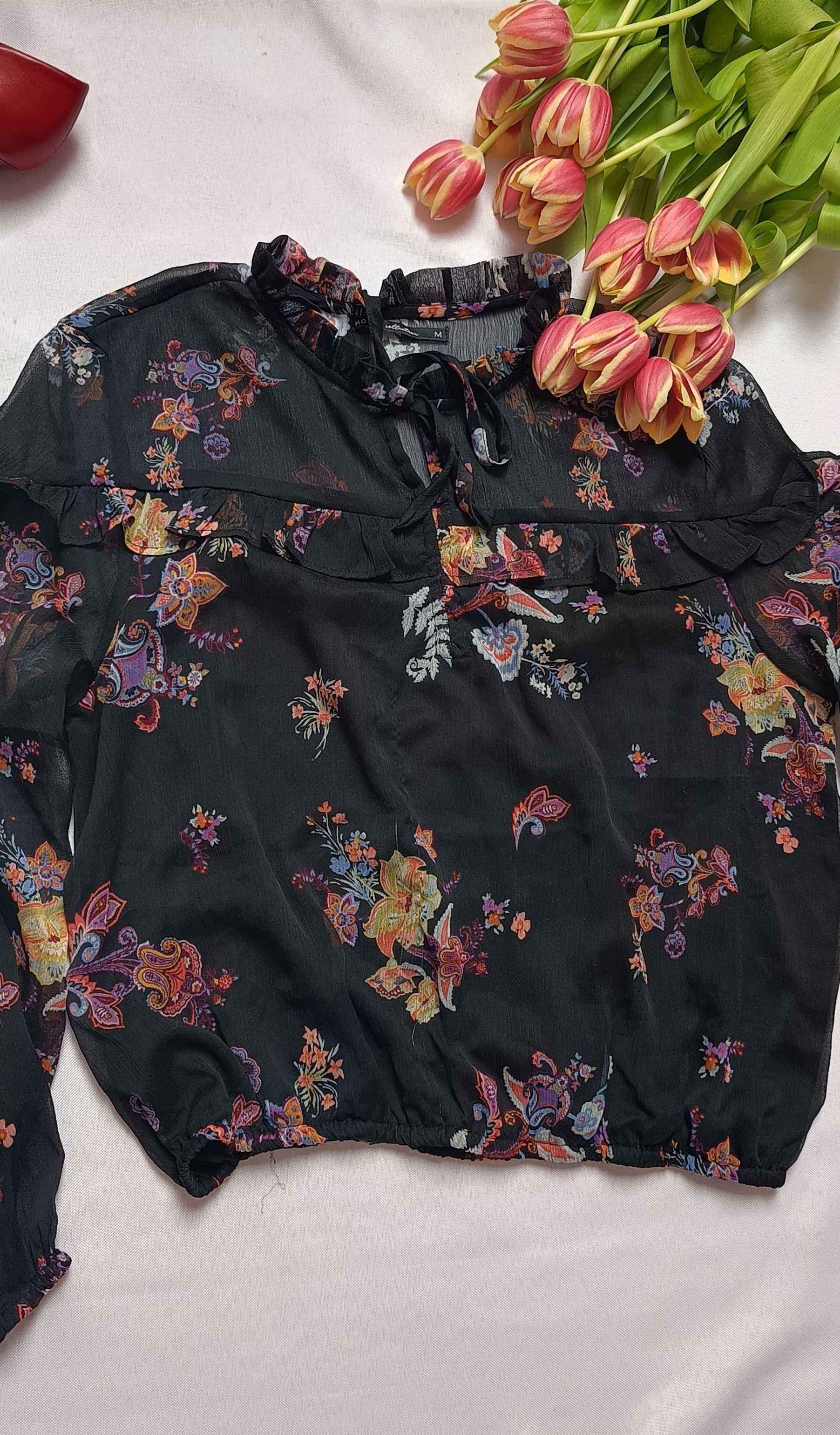 Bluzka koszulowa koszula elegancka w kwiaty czarna z falbanką House M