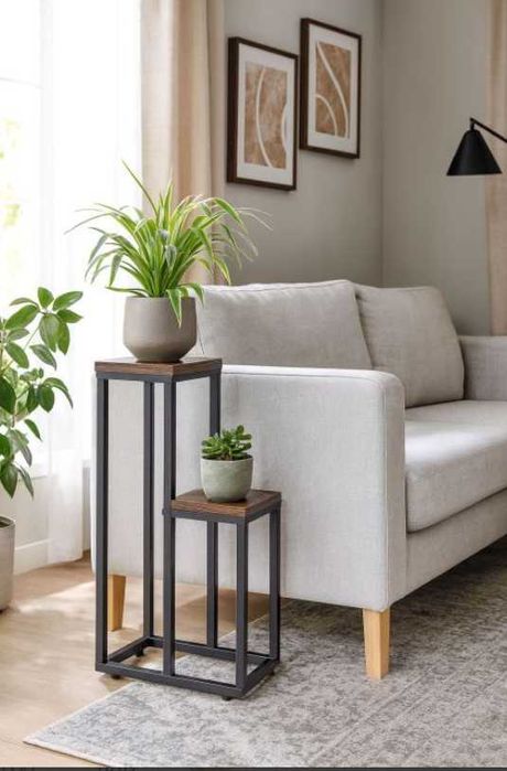 Nowoczesny kwietnik loft – stojak na kwiaty 2 półki metal + drewno
