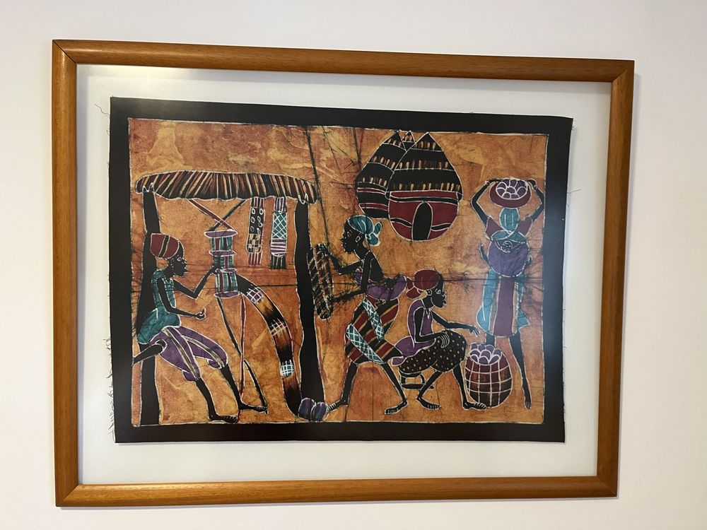 Quadro vidro - tecido pintura africana e moldura 120x95
