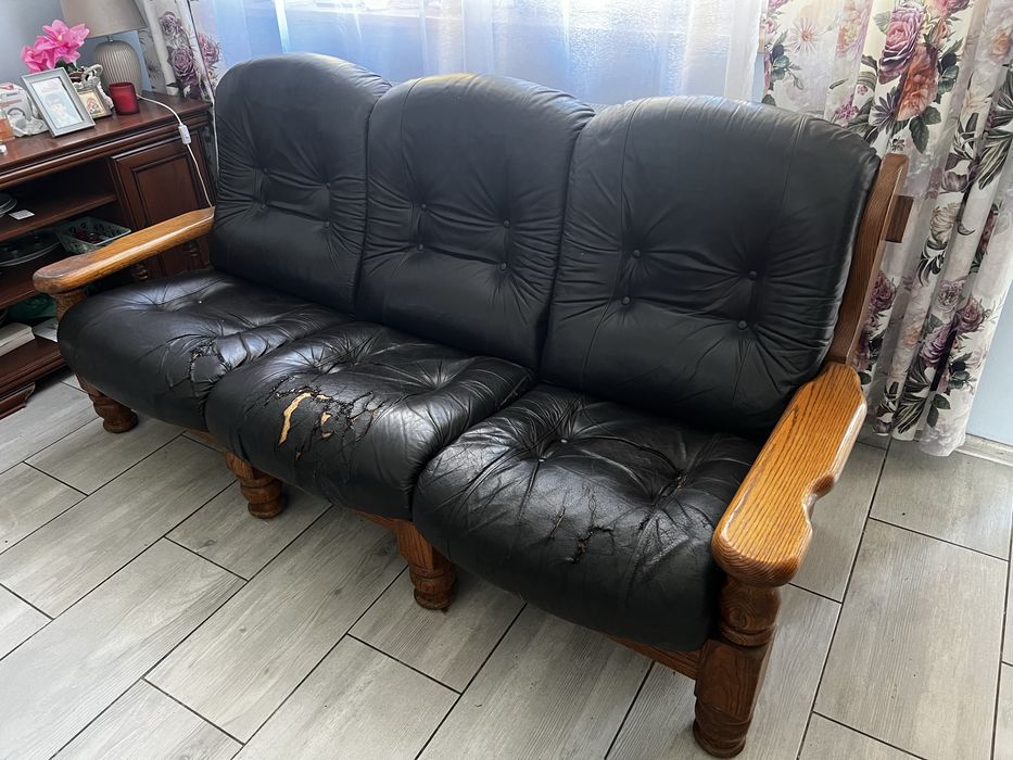 Sofa + dwa fotele drewno dąb skóra naturalna