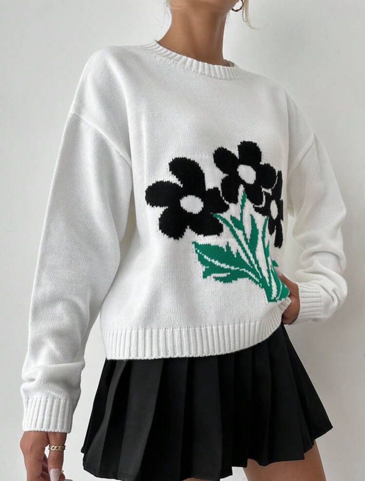 Sweter Damski w kwiaty biały r.L