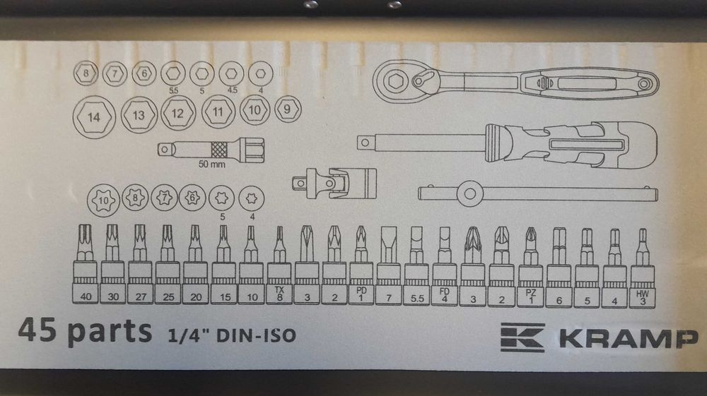 Zestaw kluczy nasadowych 1/4” 45 elementów KRAMP GRENE NOWE