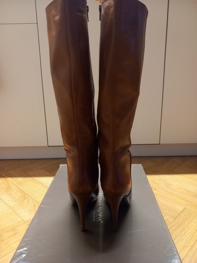 Prima Moda włoskie kozaki skórzane cuoio 10cm szpilka karmelowe 36
