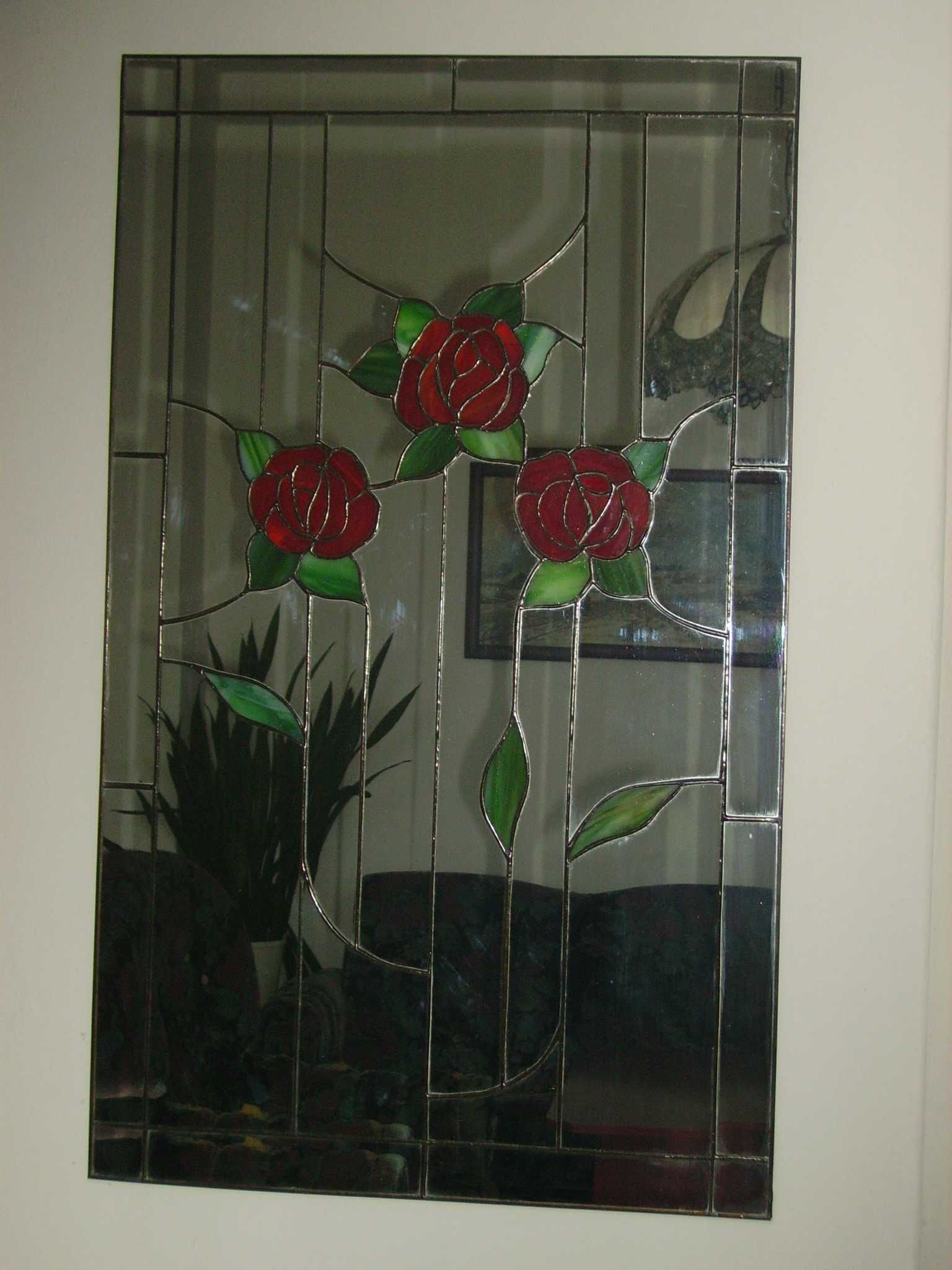 Duże lustro, lustro witrażowe z różami, rękodzieło