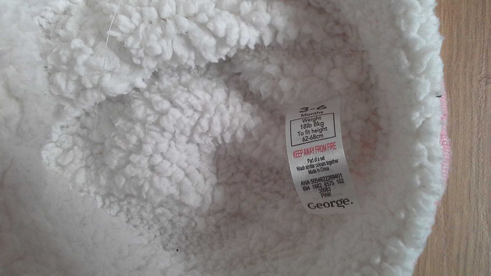 GEORGE 62-68cm różowa Czapka z futrem ciepła zima uszka sybirka 3-6mcy