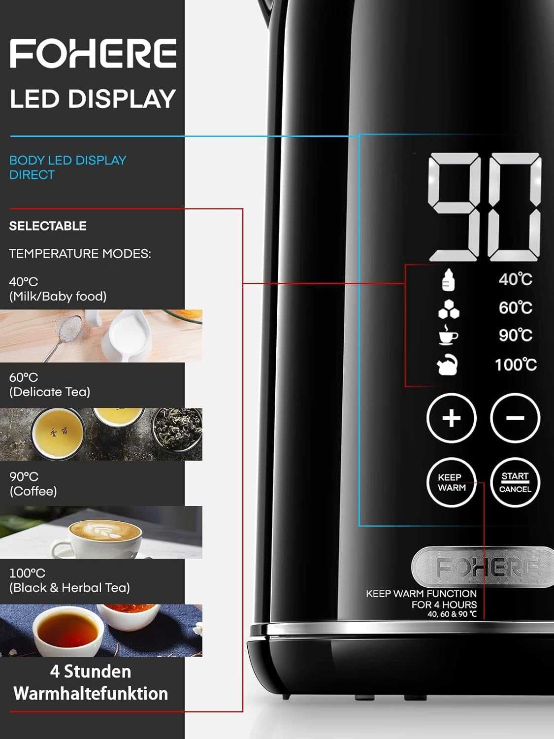 Czajnik / bezprzewodowy / LCD / 2200 W / 230 V/ 1,7 L /FOHERE !9269-A!