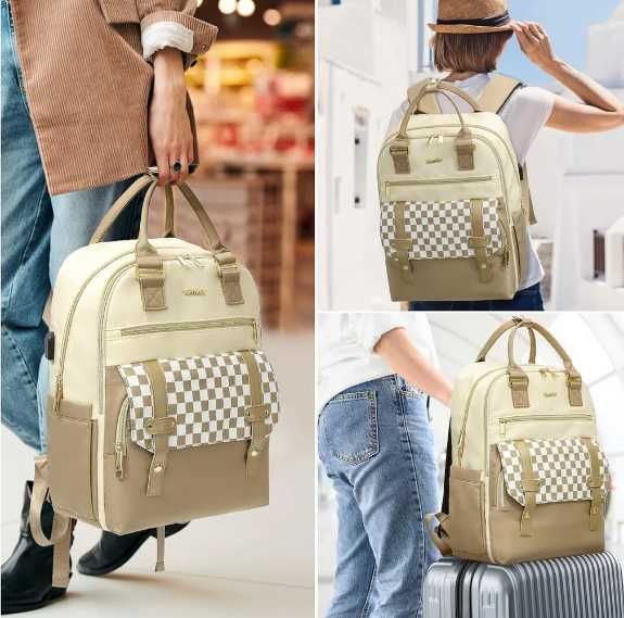 Plecak damski, na laptopa 15,6 cala z portem USB, beżowy