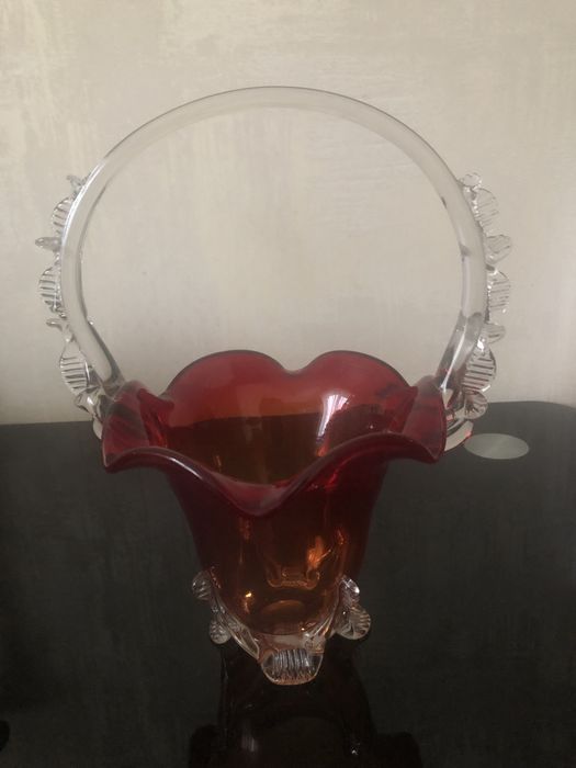 Ваза «Корзинка» марганцевое красное стекло