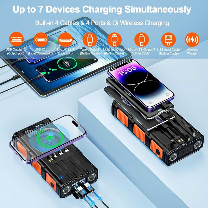 Powerbank solnarny 26800 mAh z 4 kablami WASTDE 7w1