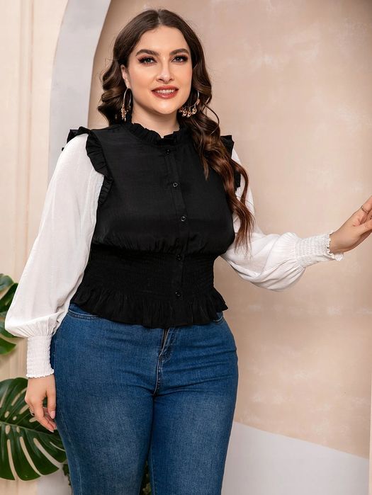 Bluzka Z Elastyczną Talią Czarno-Biała Xl 42