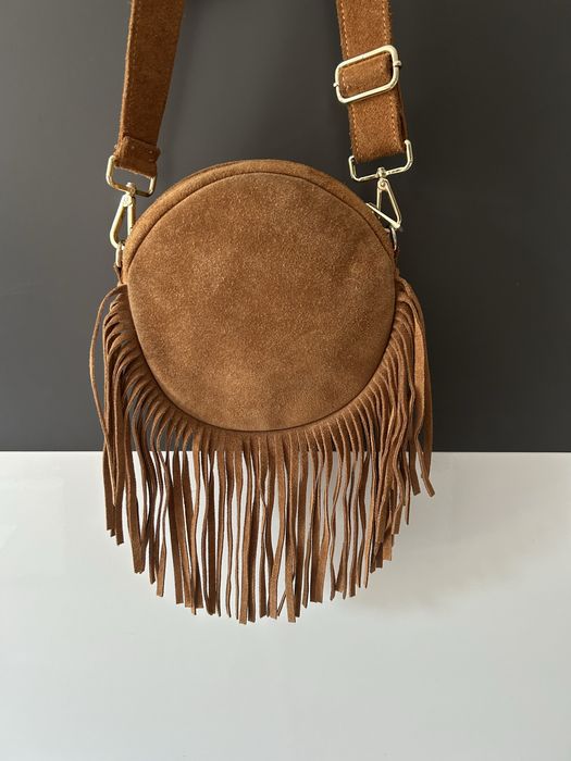 Torebka frędzle ze skóry naturalnej zamszowej kolor camel