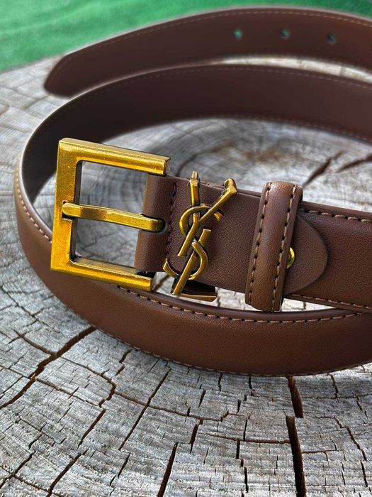 Pasek YSL brązowy skóra naturalna złota klamra NOWY