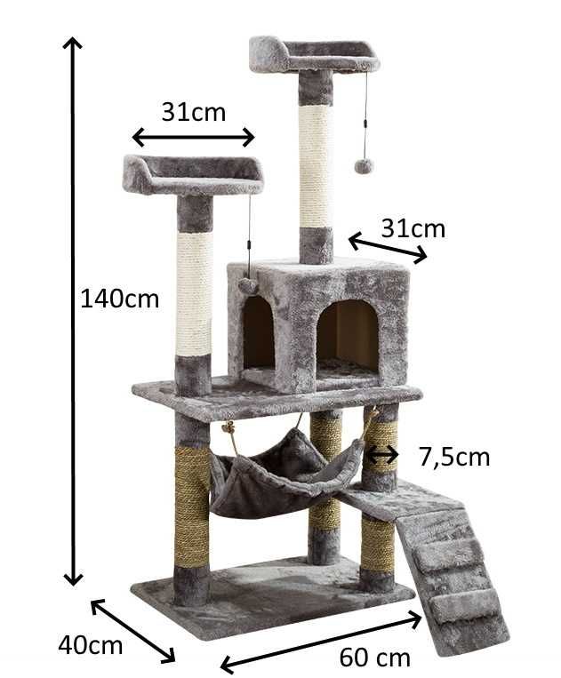 ELEGANCKI DRAPAK domek dla KOTA wieża LEGOWISKO drzewko 140cm Kolory