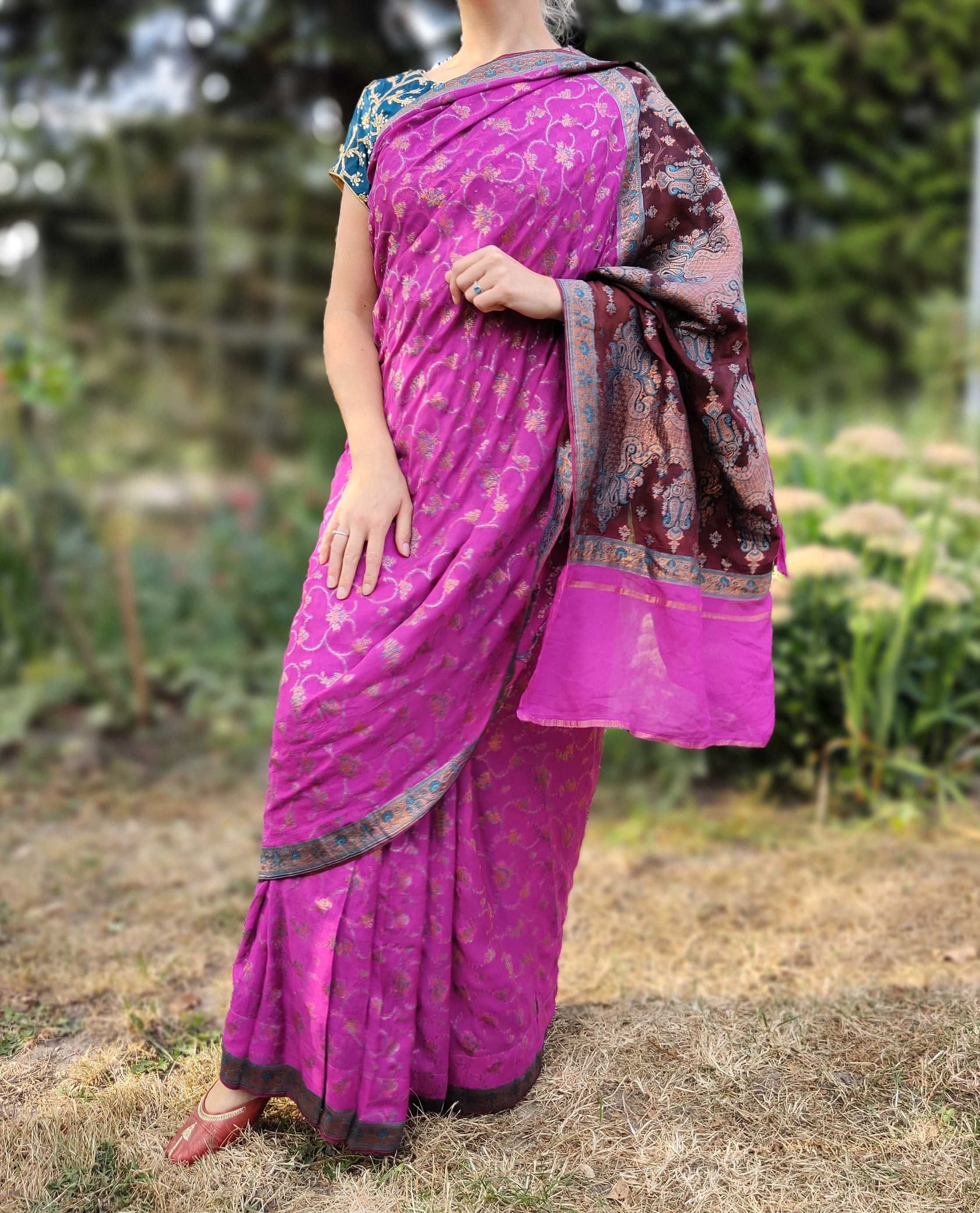 Piękne sari banarasi saree Indie Bollywood Orient różowe szyfon suknia
