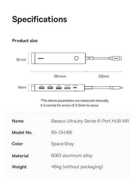 Хаб Baseus 6в1 Type-C to 3хUSB, HDMI 4K 60Гц, Type-C, 100W PD