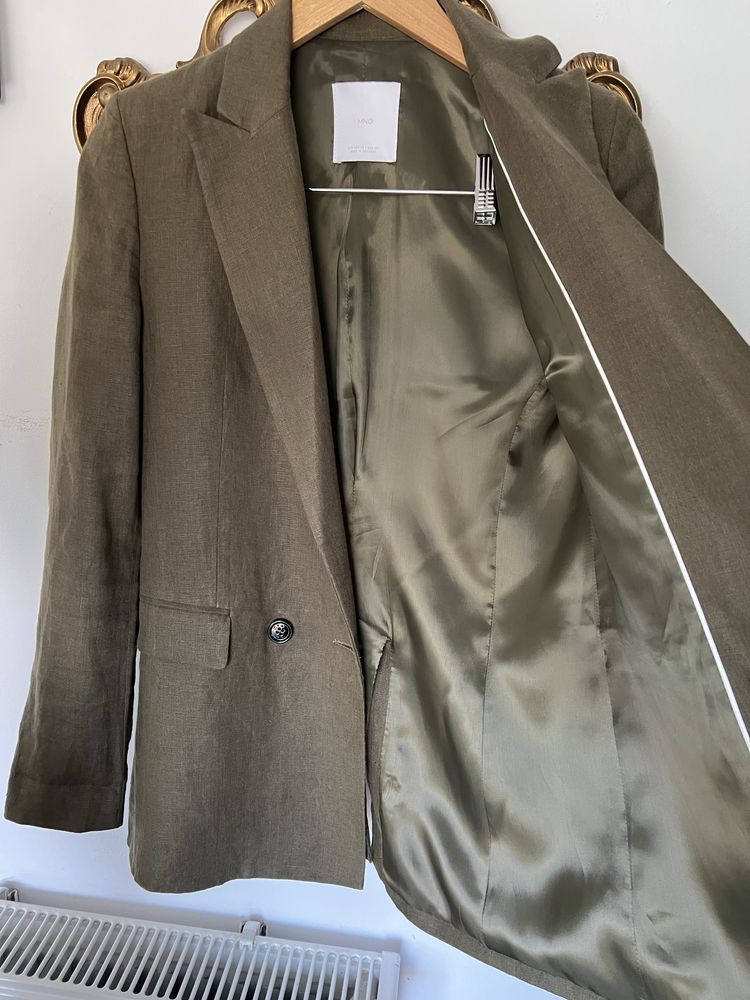 Mango lniana marynarka xs damska zielona khaki len długa lekka