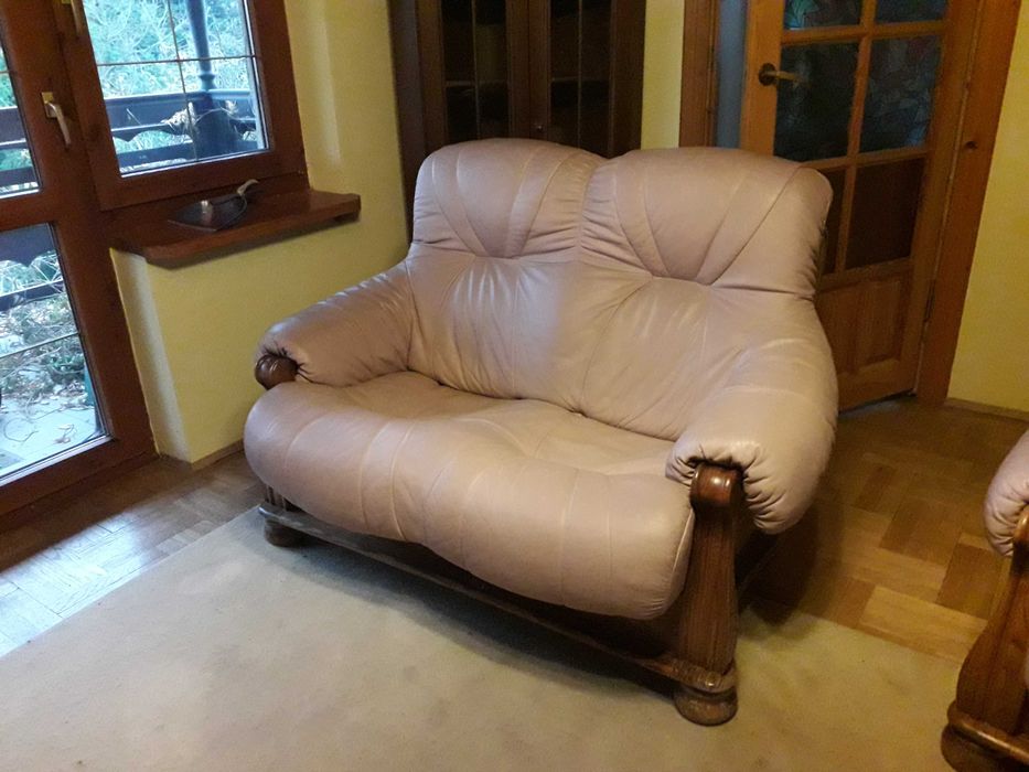 Komplet wypoczynkowy skórzany/ dębowy sofa z funkcją spania, fotel
