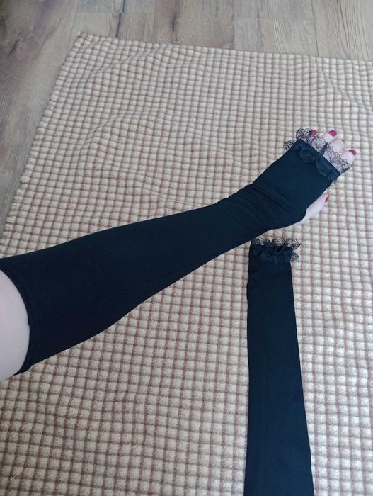 Nowe  bawełniane długie czarne mitenki, ocieplacze na ręce z koronka