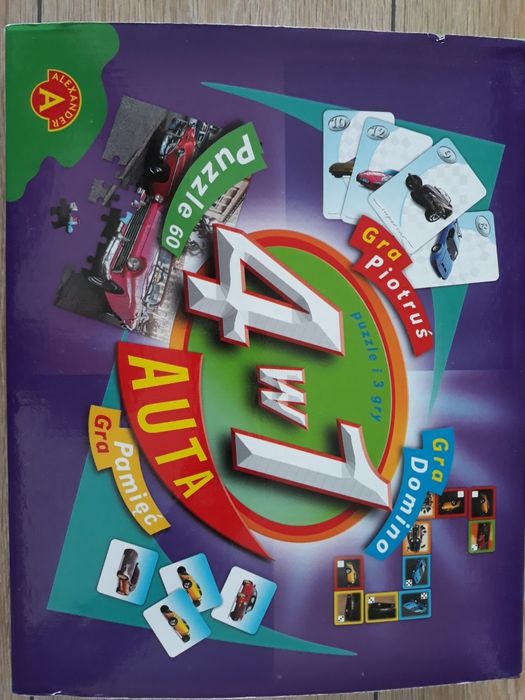 Aleksander  zestaw gier 4w1 auta, domino, puzzle, memory, Piotruś