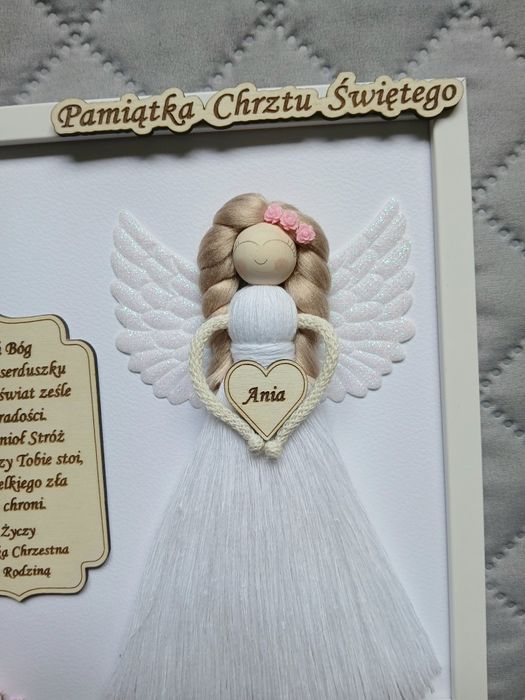 Aniołek na chrzest dla dziewczynki pamiątku chrztu ramka upominek