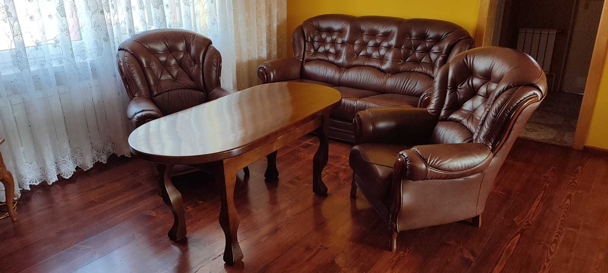 Idealny brązowy, skórzany komplet wypoczynkowy z funkcją spania!