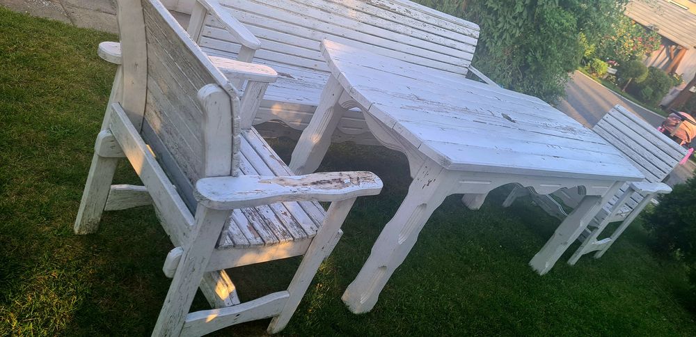 Komplet mebli ogrodowych stół krzesła białe ławka tarasowe drewniane