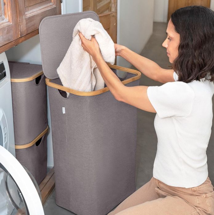 Kosz na pranie 100L z bambusem + wyjmowany worek- nowoczesny pojemny.