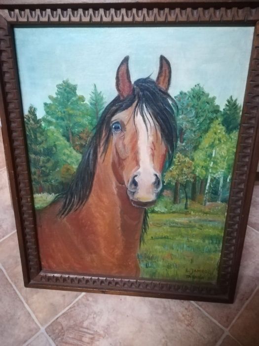 Piękny stary wyjątkowy obraz Konia na płótnie ręcznie malowany 41x50