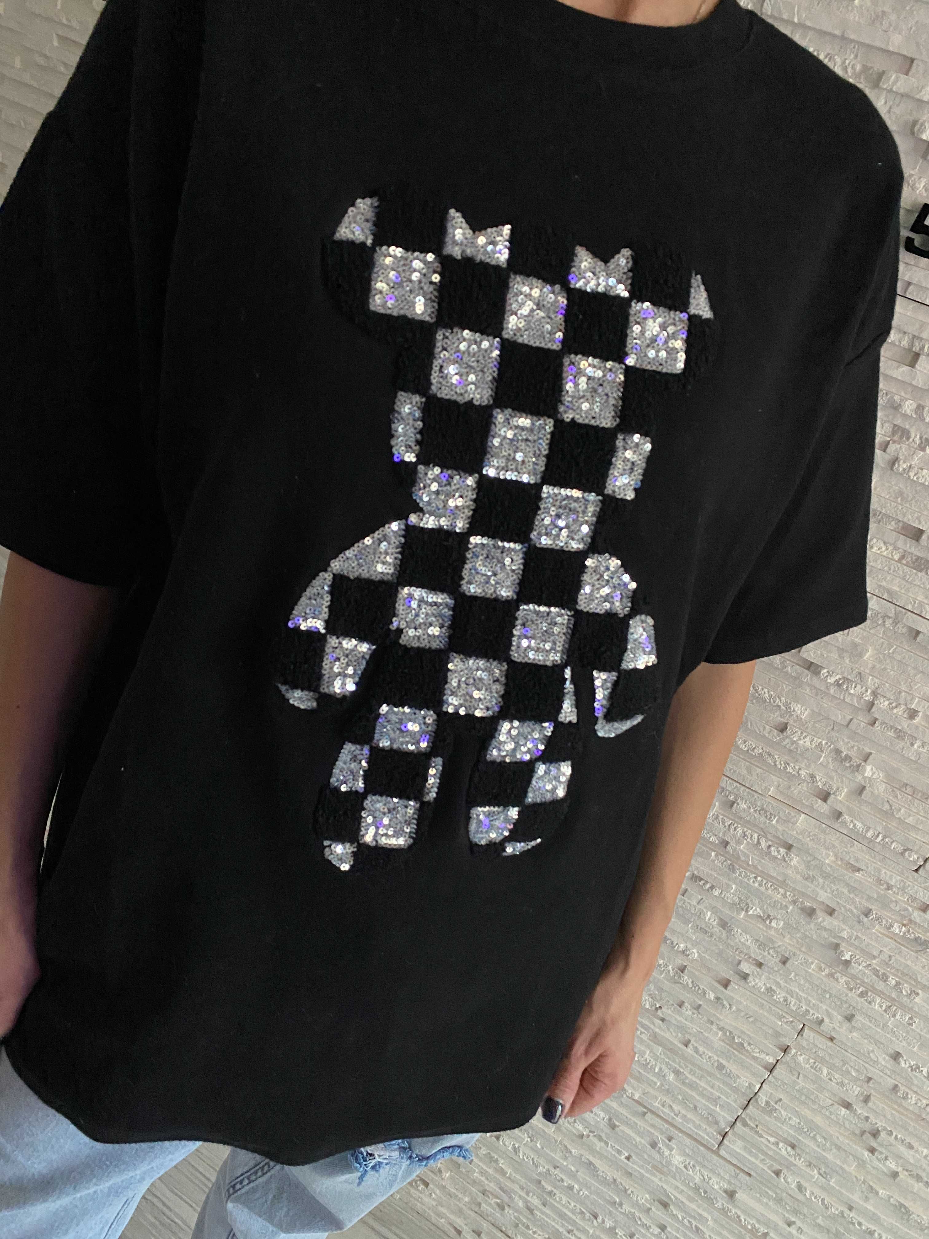 Premium t-shirt z misiem teddy oversize cekiny połyskujący Uni