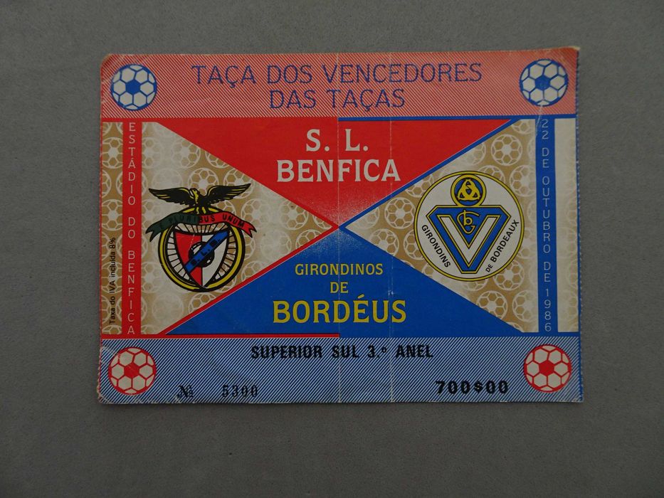 Bilhete futebol Benfica Bordéus Taça dos Vencedores das Taças out 1986