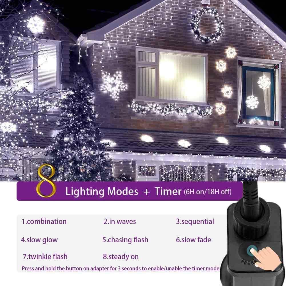 Lampki soplowe 9m 300 LED białe zewnętrzne wiszące 8 trybów sople