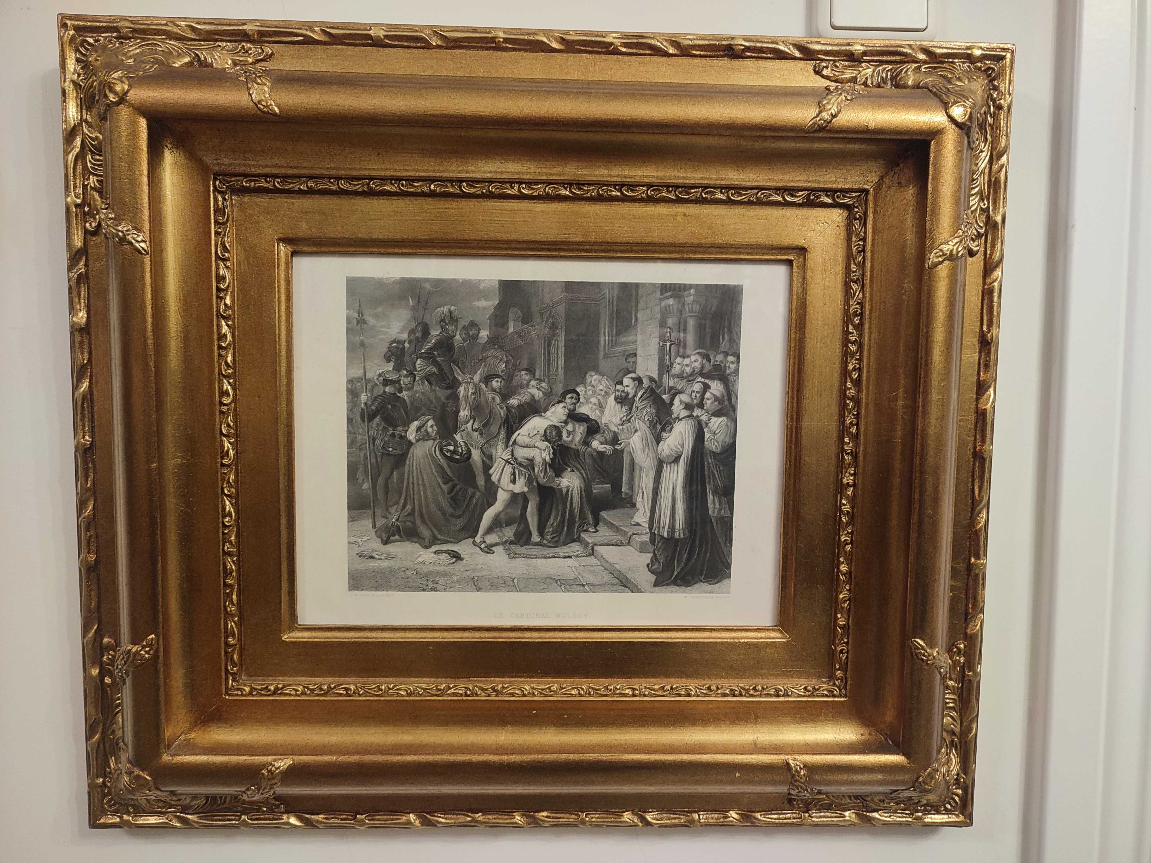 Quadro  moldura de madeira dourada passpartout, gravura preto e branco