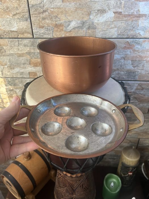 Zestaw miedzany oslonka na doniczke oraz patelnia na jajka