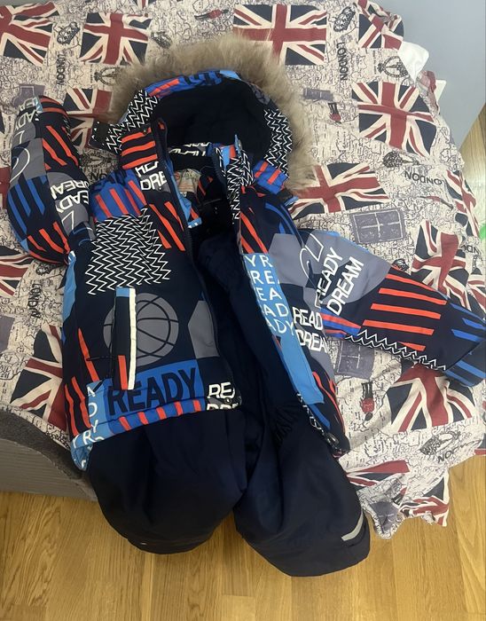 Дитяча тепла зимова куртка з хутром на хлопчика Синя червона Комплект