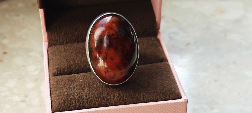 Ogromny Pierścionek Srebrny Bursztyn Orno ? Warmet ? PRL