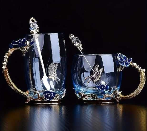 Elegancka Filiżanka do Herbaty Kawy łyżeczką NIBIESKA RÓŻA kubek 350ml