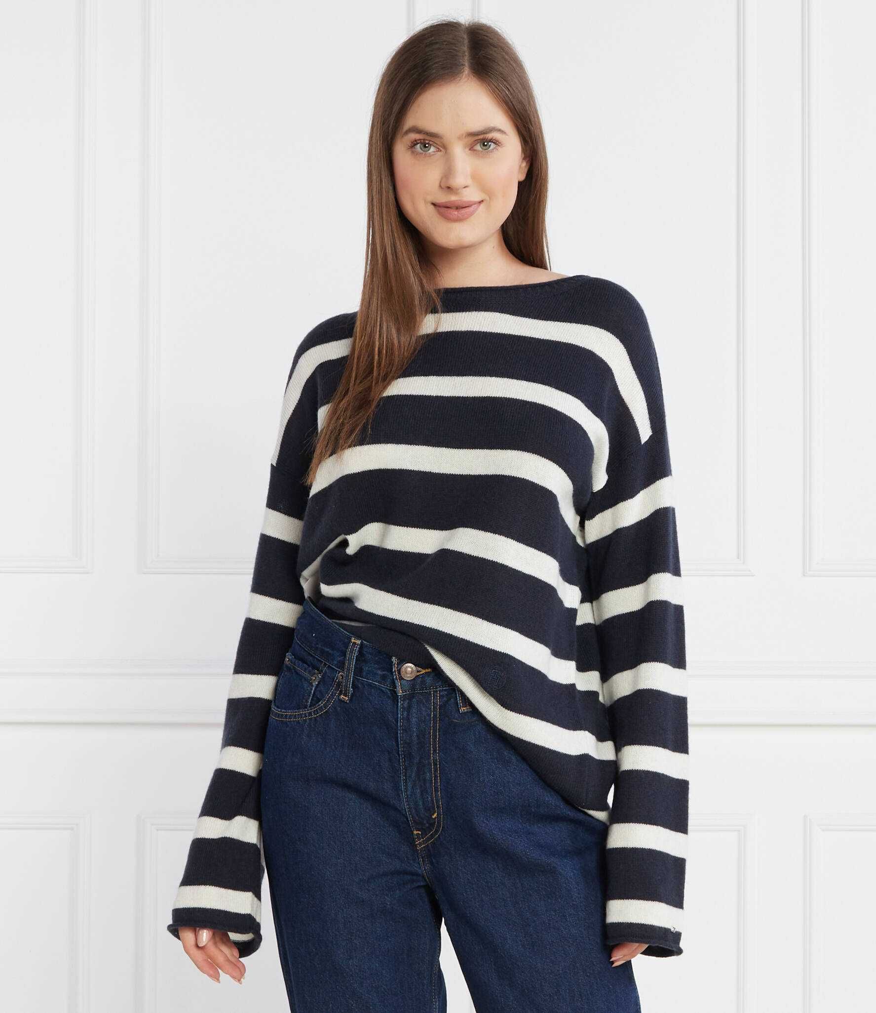 Granatowy wełniany sweter marynarski old money paski Tommy Hilfiger XS