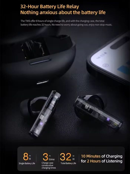 Наушники TWS KZ Krio кодек LDAC Bluetooth 5.4 ANC 6-mic приложение