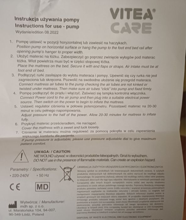 Materac przeciwodleżynowy Vitae Care
