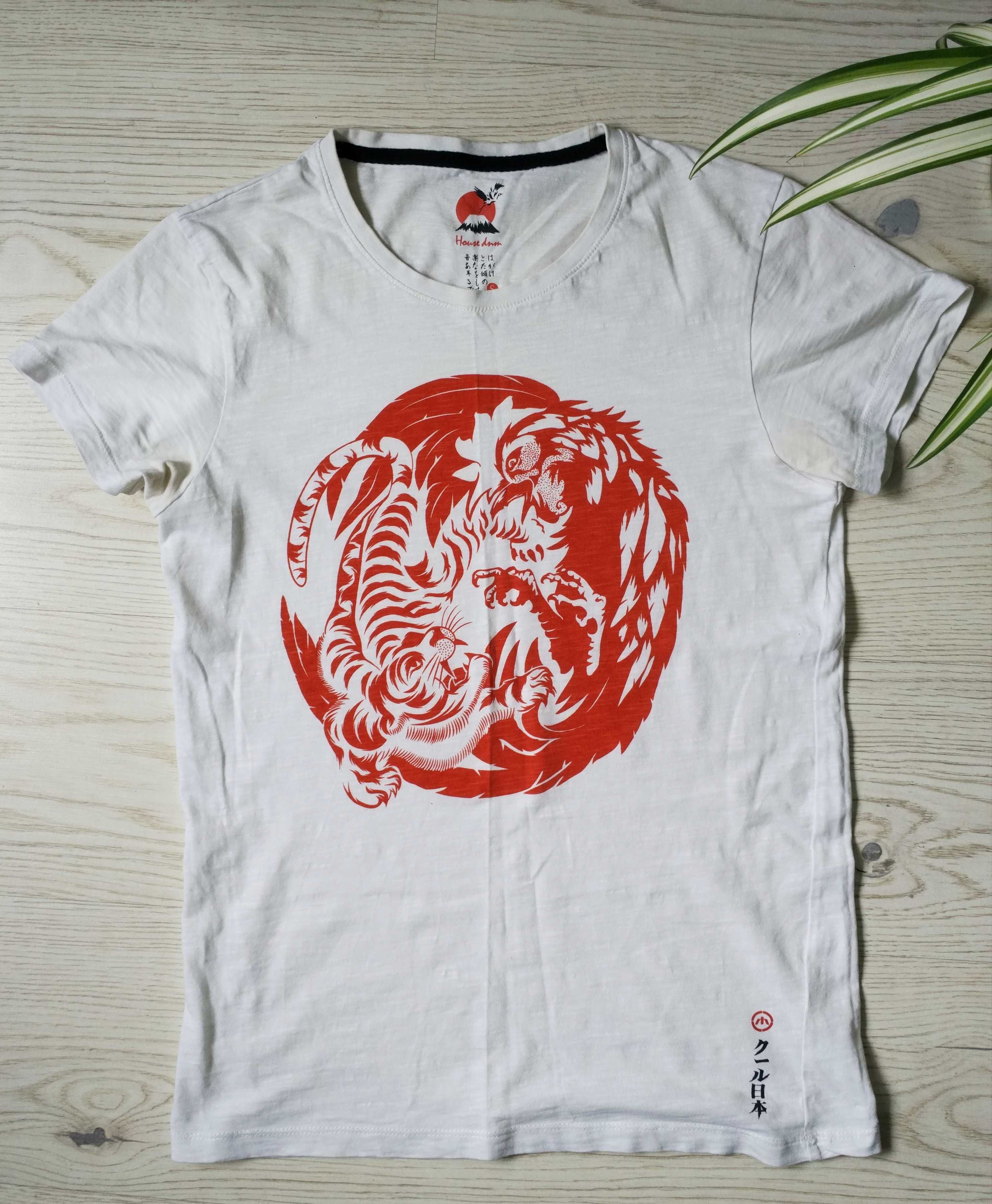 biala koszulka męska dnm house czerwony nadruk t-shirt japonia chiny