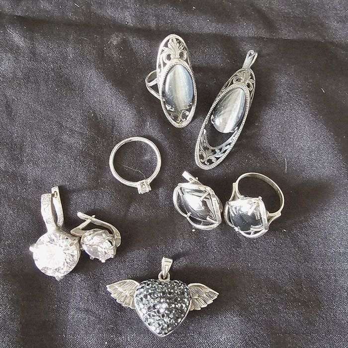 Винтаж серьги кулон серебро фианит гематит кошачий глаз