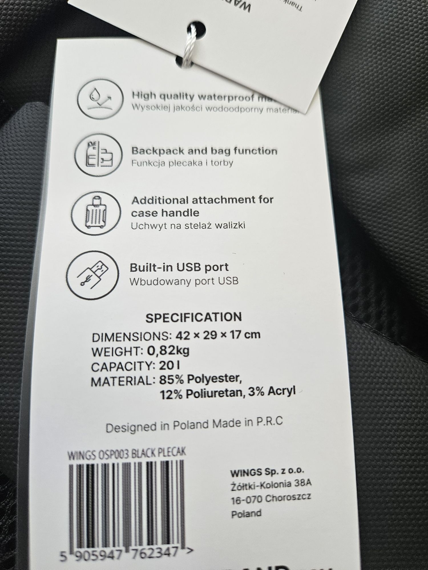 Plecak podróżny Wings Vireo, 20 l, czarny